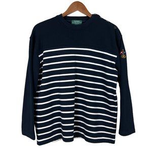 Lauren Ralph Lauren Sweater Women Petite Medium Navy Blue Stripe Button Shoulder